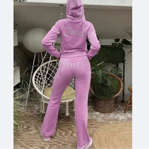 JUICY COUTURE Velour OG Bling Tracksuit Hoodie & Pant Set Violet Pink Small - Picture 15 of 15